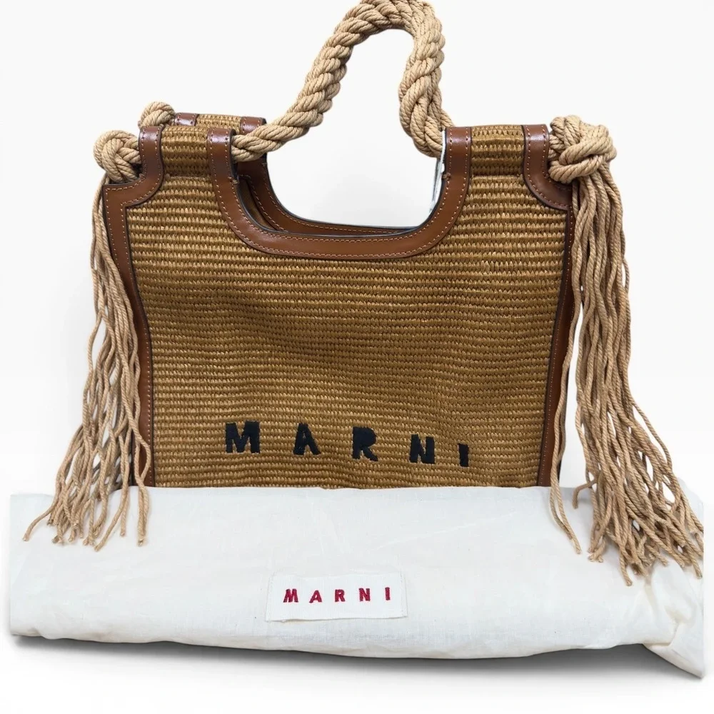 Marni Marcel Medium Raffia Tote Bag Tan  Fringe Rope Handle Raffia Leather $995